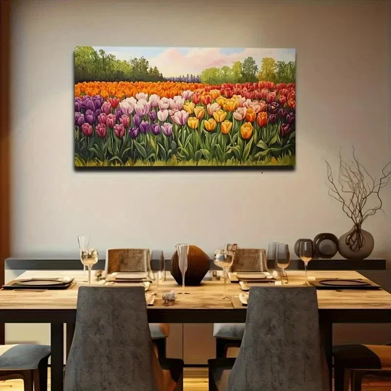 Vibrant Tulip Field Rolling Wall Art Canvas Office Home Room Framed 120x60cm