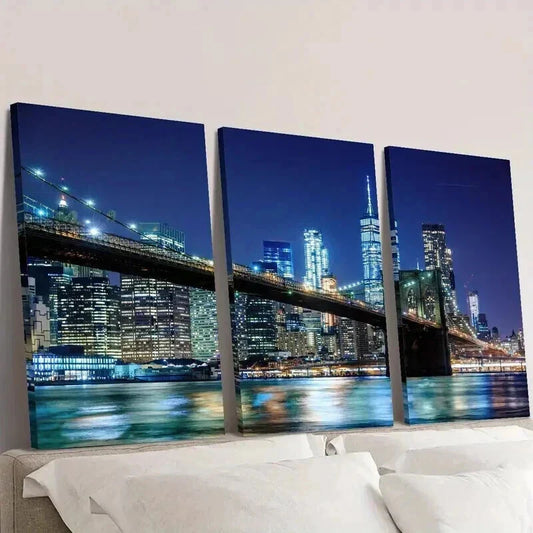3pcs Nighttime Cityscape with a Bridge Wall Art Set Canvas Framed 40x60cm - High Quality Print 100% Australian Made Wall Canvas Ready to Hang