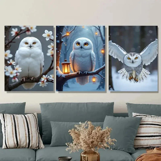 3pcs White Owl Magpies Cherry Blossoms Nature Wall Art Set Canvas Framed 40x60cm - High Quality Print 100% Australian Made Wall Canvas Ready to Hang
