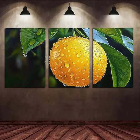 3pcs Lemon Hanging On Trees Water Drops Metal Print Ready to Hang Art