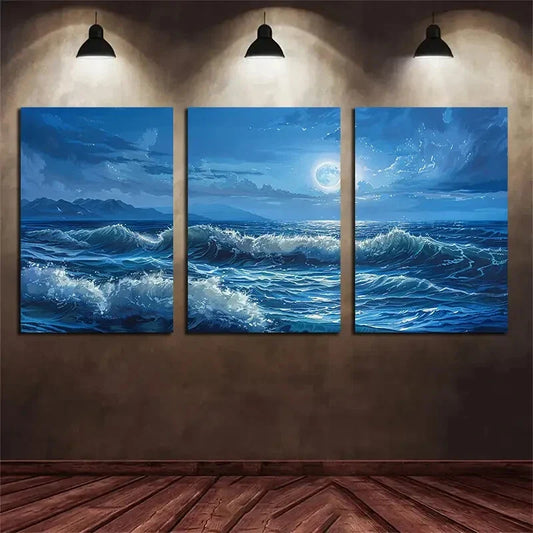 3pcs Ocean Moonlight Large Seascape Metal Print Ready to Hang Art