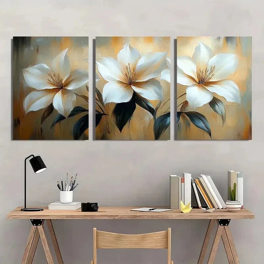 3pcs Painting White Flower Green Leaves Metal Print Ready to Hang Art