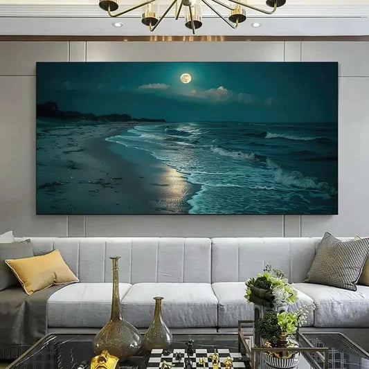 Moonlit Beach Coastal Charm Wall Art Canvas Office Home Room Framed 120x60cm