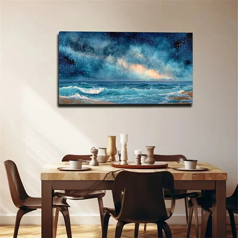 Blue Turquoise Golden & Black Wall Art Canvas Office Home Room Framed 80x45cm