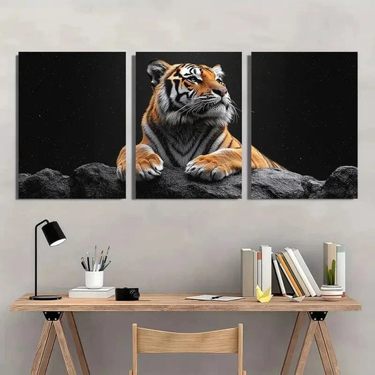 3pcs Black & White Tiger on Rocks Starry Night Metal Print Ready to Hang Art