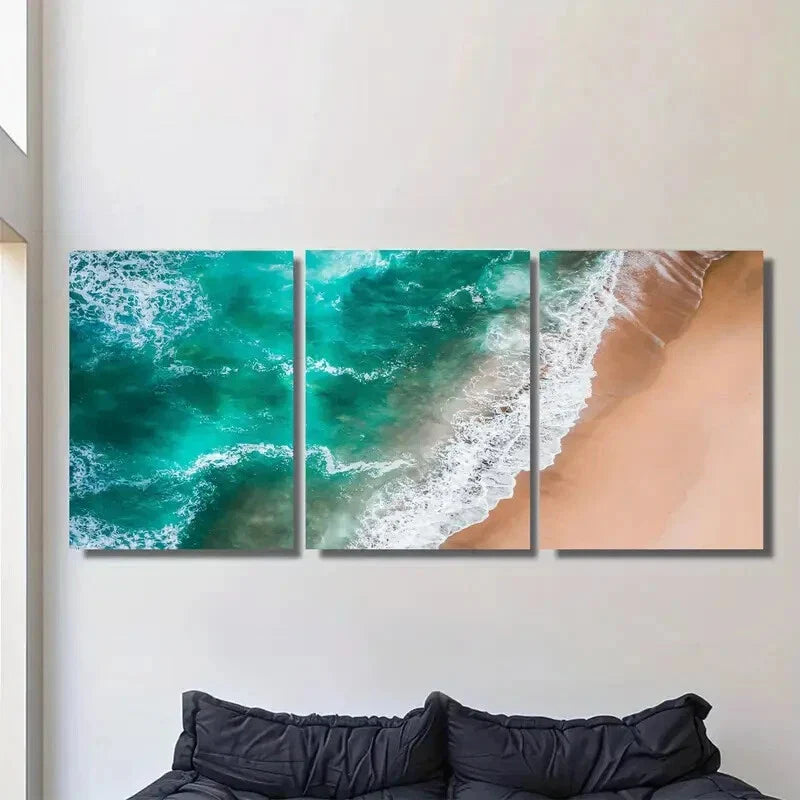 3pcs Modern Coastal Landscape with Turquoise Metal Print Ready to Hang Art