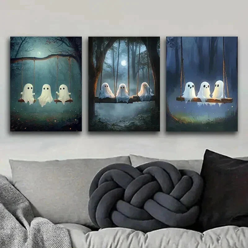 3pcs Three Cute Little Ghosts Night Perfect Wall Art Set Canvas Framed 40x60cm - High Quality Print 100% Australian Made Wall Canvas Ready to Hang