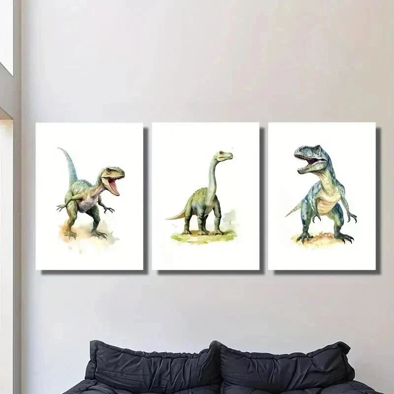 3pcs Tyrannosaurus Rex Velociraptor Illustration Wall Art Set Canvas Framed 40x60cm - High Quality Print 100% Australian Made Wall Canvas Ready to Hang