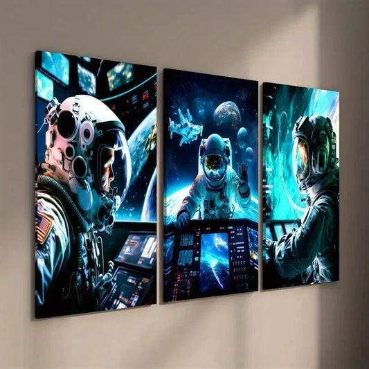 3pcs Astronauts at a Space Station Wall Art Set Canvas Framed 40x60cm - High Quality Print 100% Australian Made Wall Canvas Ready to Hang
