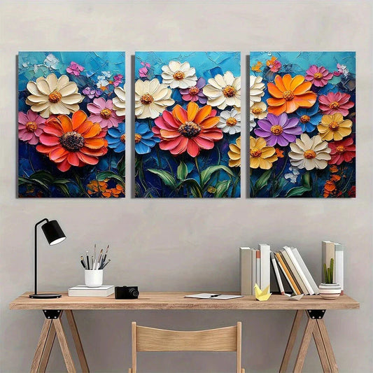 3pcs Flowers Vibrant Colourful White Blue Theme Metal Print Ready to Hang Art