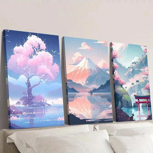 3pcs Pink Trees by the Lake & Mountain Scenery Wall Art Set Canvas Framed 40x60cm - High Quality Print 100% Australian Made Wall Canvas Ready to Hang