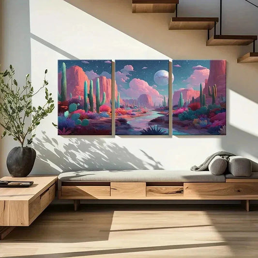 3pcs Desert Landscape Cactus Night Sky Metal Print Ready to Hang Art