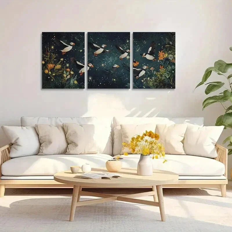 3pcs Puffins Soaring Through Night Sky Wall Art Set Canvas Framed 40x60cm - High Quality Print 100% Australian Made Wall Canvas Ready to Hang