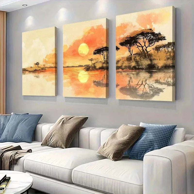 3pcs Serene Nature African Sunset Landscape Wall Art Set Canvas Framed 40x60cm - High Quality Print 100% Australian Made Wall Canvas Ready to Hang