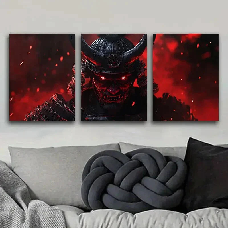 3pcs A crimson warrior with black horns Metal Print Ready to Hang Art