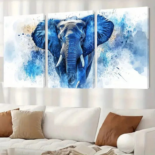 3pcs Majestic Watercolor Textured Blue Elephant Wall Art Set Canvas Framed 40x60cm - High Quality Print 100% Australian Made Wall Canvas Ready to Hang