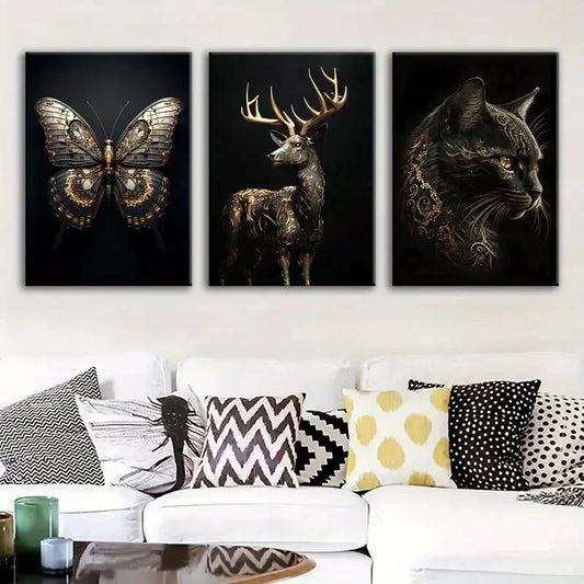 3pcs Animal Butterfly Cat Gold Black Modern Deer Wall Art Set Canvas Framed 40x60cm - High Quality Print 100% Australian Made Wall Canvas Ready to Hang