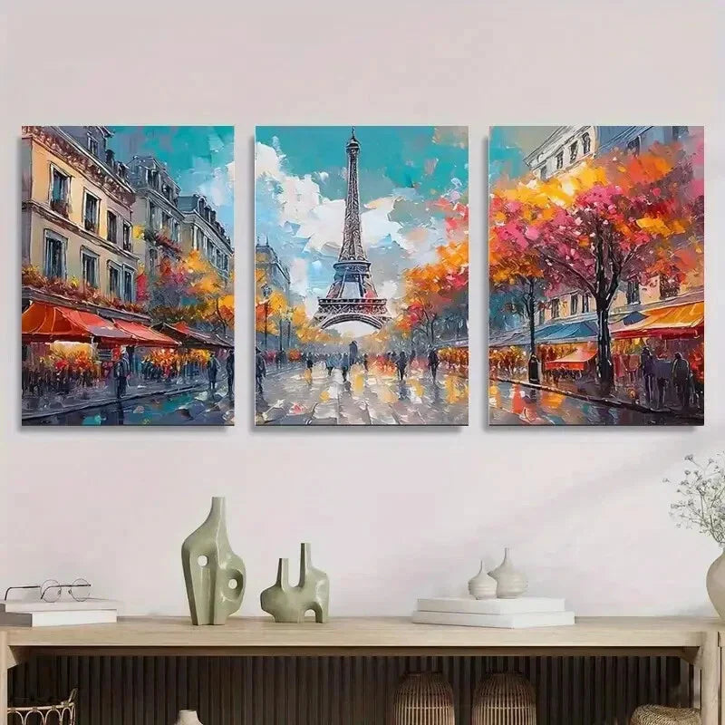 3pcs Paris Eiffel Tower Street Scene Metal Print Ready to Hang Art