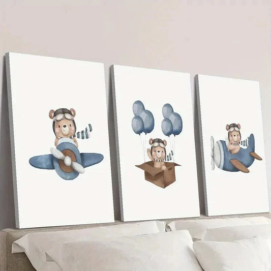 3pcs Bear Flying a Plane in the Sky Wall Art Set Canvas Framed 40x60cm - High Quality Print 100% Australian Made Wall Canvas Ready to Hang