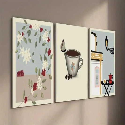 3pcs Coffee Butterfly Tree Botanical Flower Wall Art Set Canvas Framed 40x60cm - High Quality Print 100% Australian Made Wall Canvas Ready to Hang