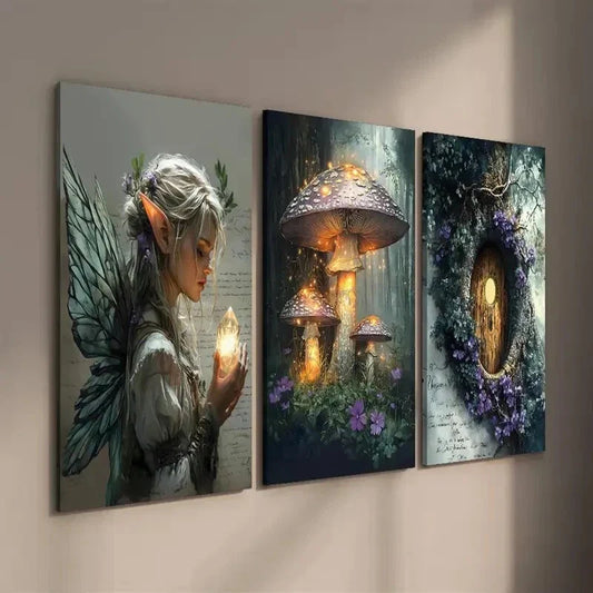 3pcs Fairy Girl and Mysterious Forest Mushrooms Wall Art Set Canvas Framed 40x60cm - High Quality Print 100% Australian Made Wall Canvas Ready to Hang