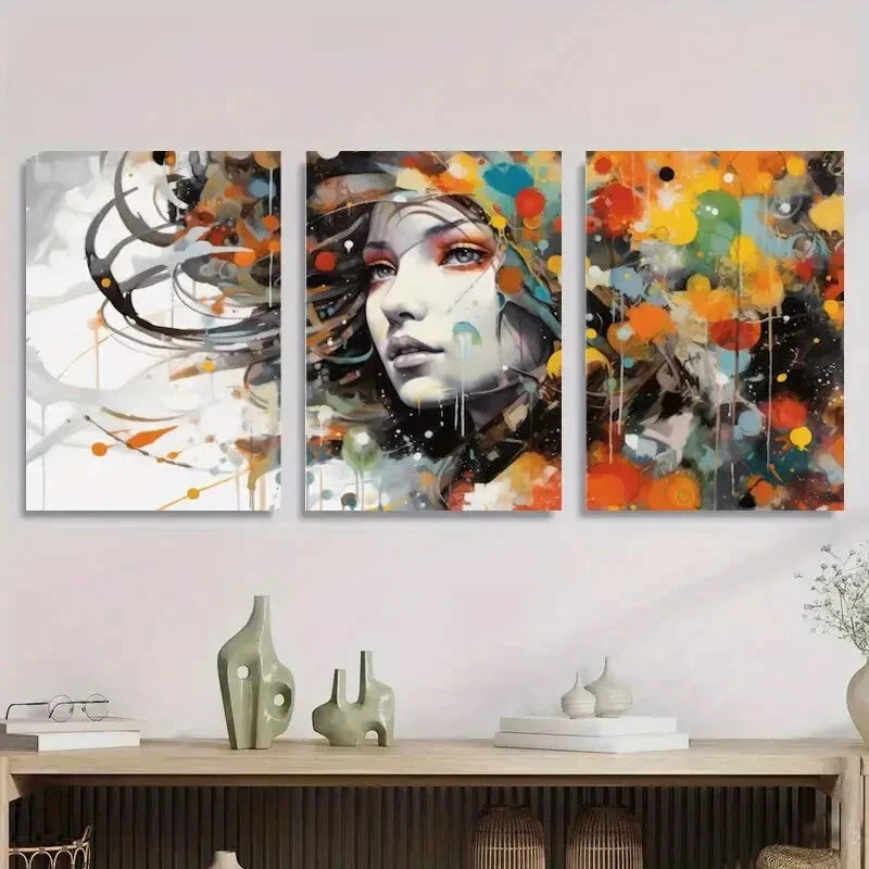 3pcs Abstract Portrait of Woman with Colorful Metal Print Ready to Hang Art