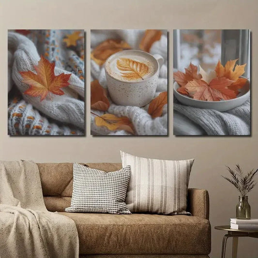 3pcs Winter Wool Sweater and Botanical Autumn Metal Print Ready to Hang Art