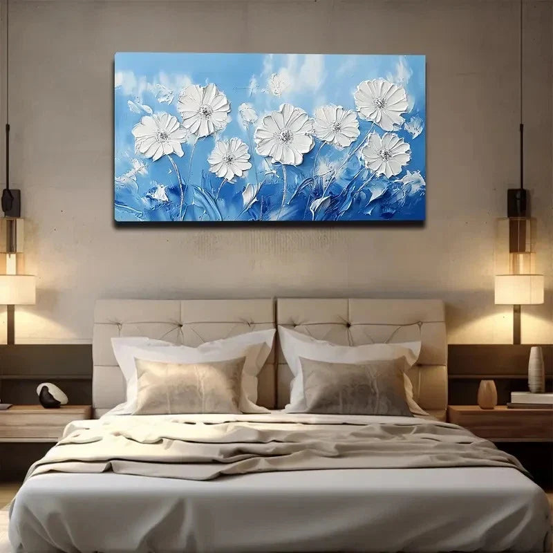 Light Blue Background White Wall Art canvas office home room framed 120x60cm