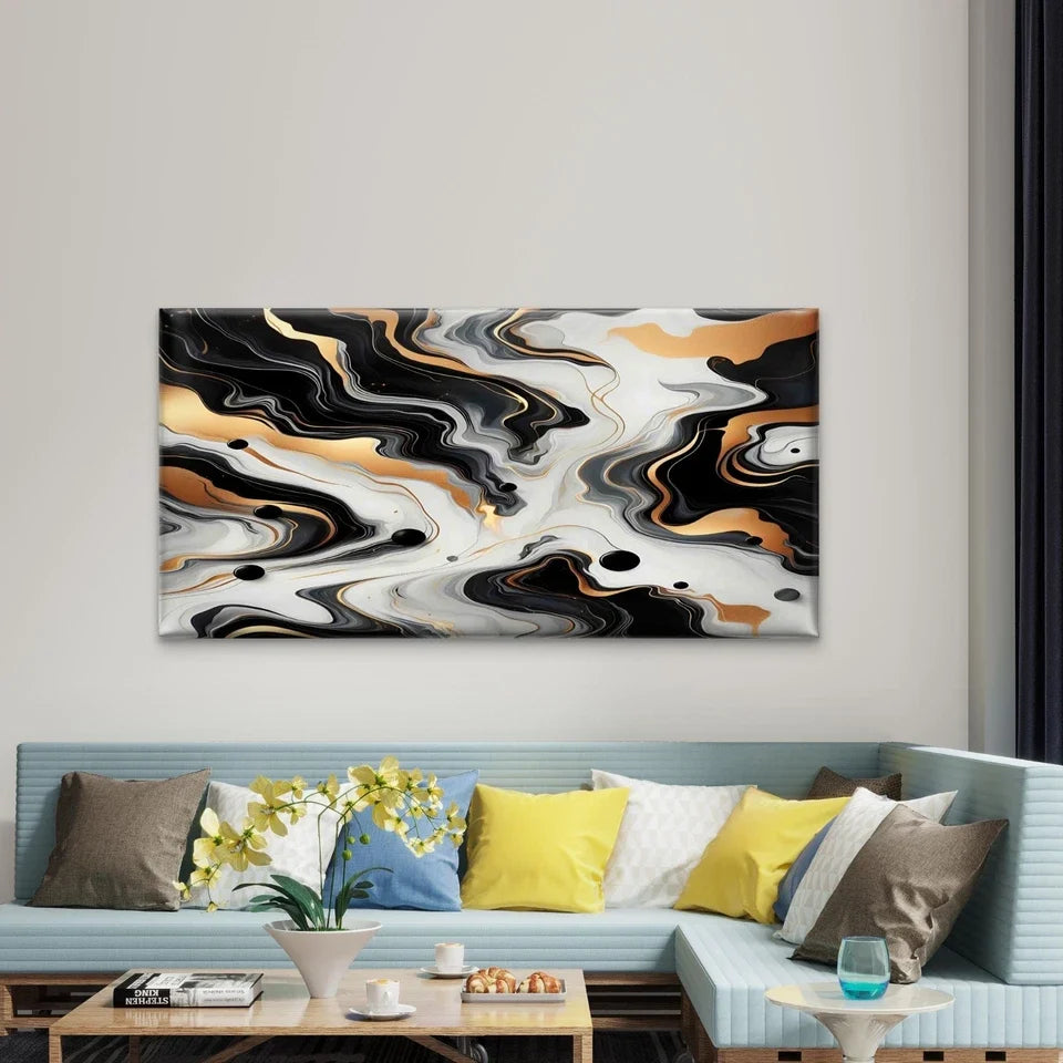Abstract Black White Gold Swirl Wall Art Canvas Office Home Room Framed 120x60cm