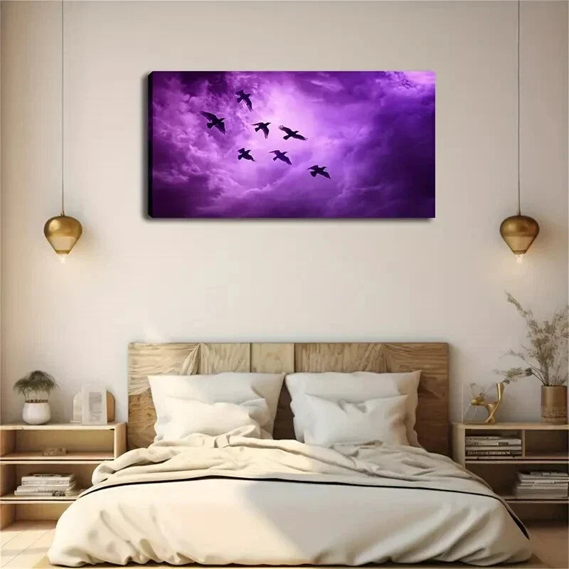 Black Birds Flying The Purple Wall Art Canvas Office Home Room Framed 120x60cm