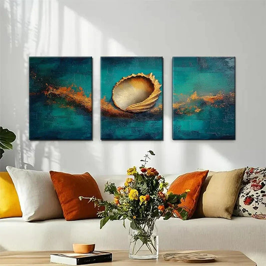 3pcs Ocean Inspired Abstract Shell Golden Metal Print Ready to Hang Art
