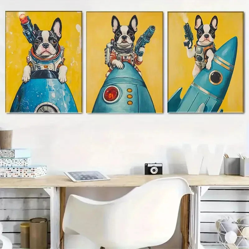 3pcs An Adorable Space-Themed Bulldog Wall Art Set Canvas Framed 40x60cm - High Quality Print 100% Australian Made Wall Canvas Ready to Hang