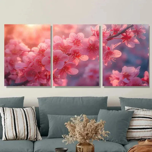 3pcs Cherry Blossom Triptych Pink Floral Metal Print Ready to Hang Art