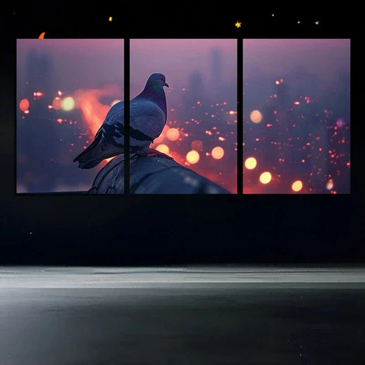 3pcs Urban Pigeon Cityscape Lights Metal Print Ready to Hang Art