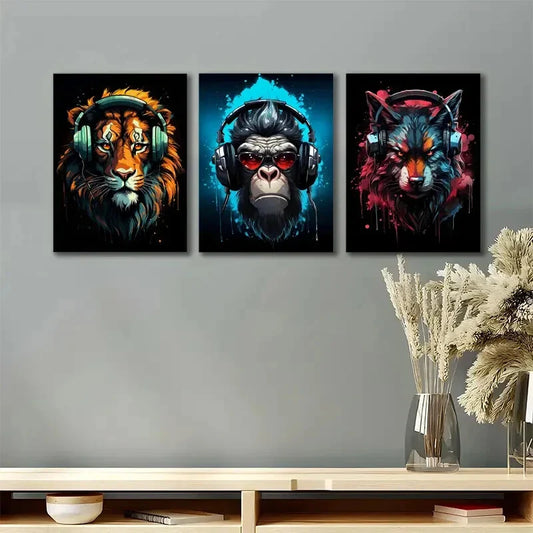 3pcs Cool Lion Wolf Gorilla Headphones Metal Print Ready to Hang Art