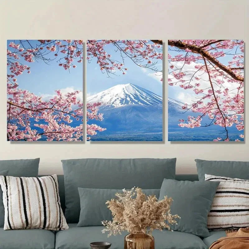 3pcs Cherry Blossom & Mount Fuji Metal Print Ready to Hang Art
