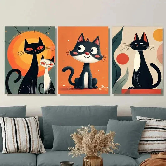 3pcs Charming Cat Animal Lovers Black Wall Art Set Canvas Framed 40x60cm - High Quality Print 100% Australian Made Wall Canvas Ready to Hang