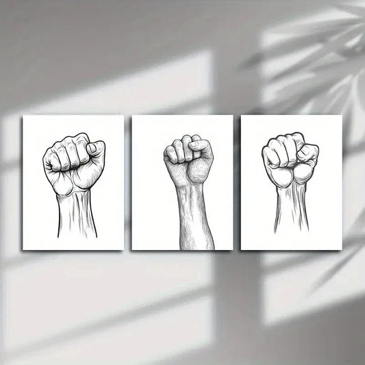 3pcs Black Fist Black Bold Lines Metal Print Ready to Hang Art
