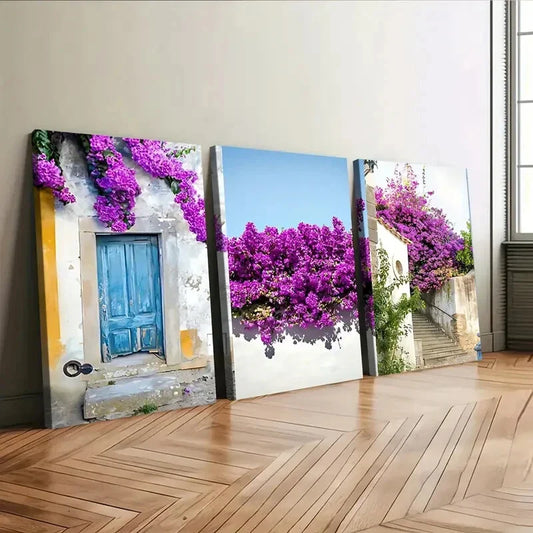 3pcs Portuguese Purple Florals Green Leaves Wall Art Set Canvas Framed 40x60cm - High Quality Print 100% Australian Made Wall Canvas Ready to Hang