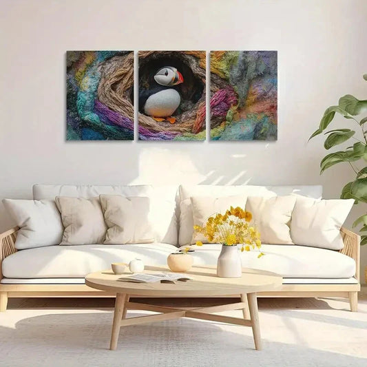 3pcs Sea Parrot Yarn Craft Puffin In A Tree Metal Print Ready to Hang Art