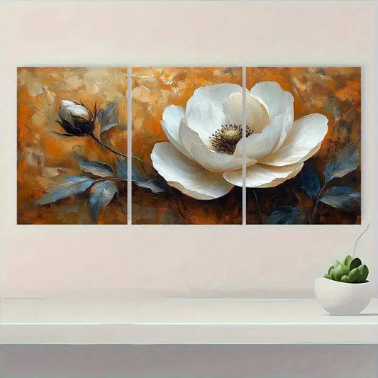 3pcs White Flower on Orange Background Metal Print Ready to Hang Art