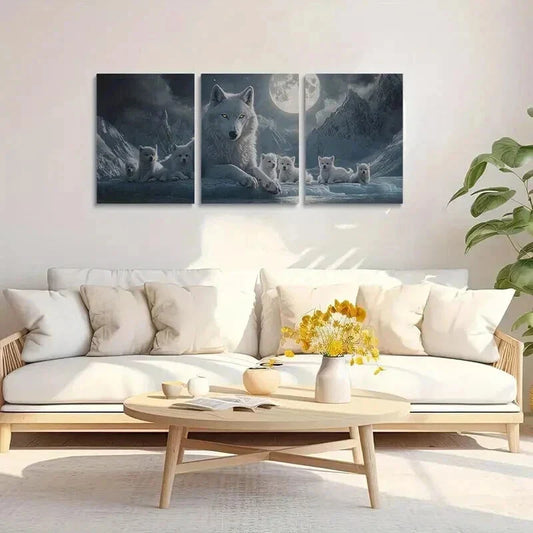 3pcs Majestic White Wolf with Yellow Eyes Wall Art Set Canvas Framed 40x60cm - High Quality Print 100% Australian Made Wall Canvas Ready to Hang