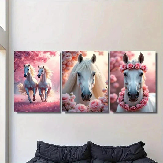 3pcs Beautiful Horse Pink Floral Background Metal Print Ready to Hang Art