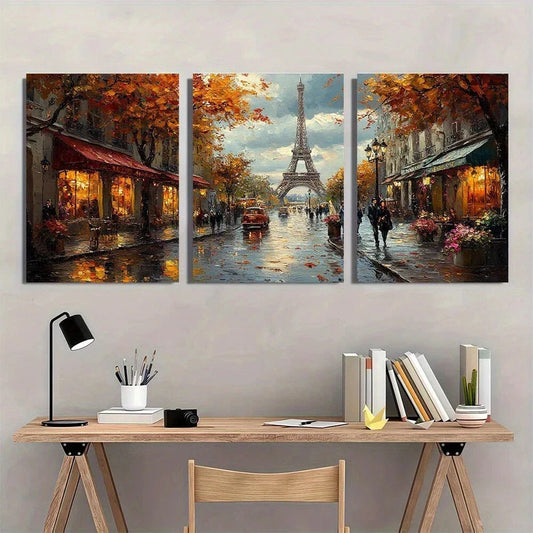 3pcs Street Scene Vibrant Autumn Eiffel Tower Metal Print Ready to Hang Art