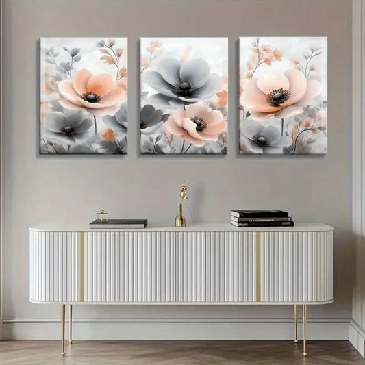 3pcs Elegant Pink & Gray Flower Designs Perfect Wall Art Set Canvas Framed 40x60cm - High Quality Print 100% Australian Made Wall Canvas Ready to Hang