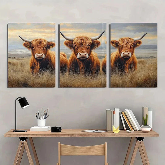 3pcs Highland Cows Rustic Animal Metal Print Ready to Hang Art