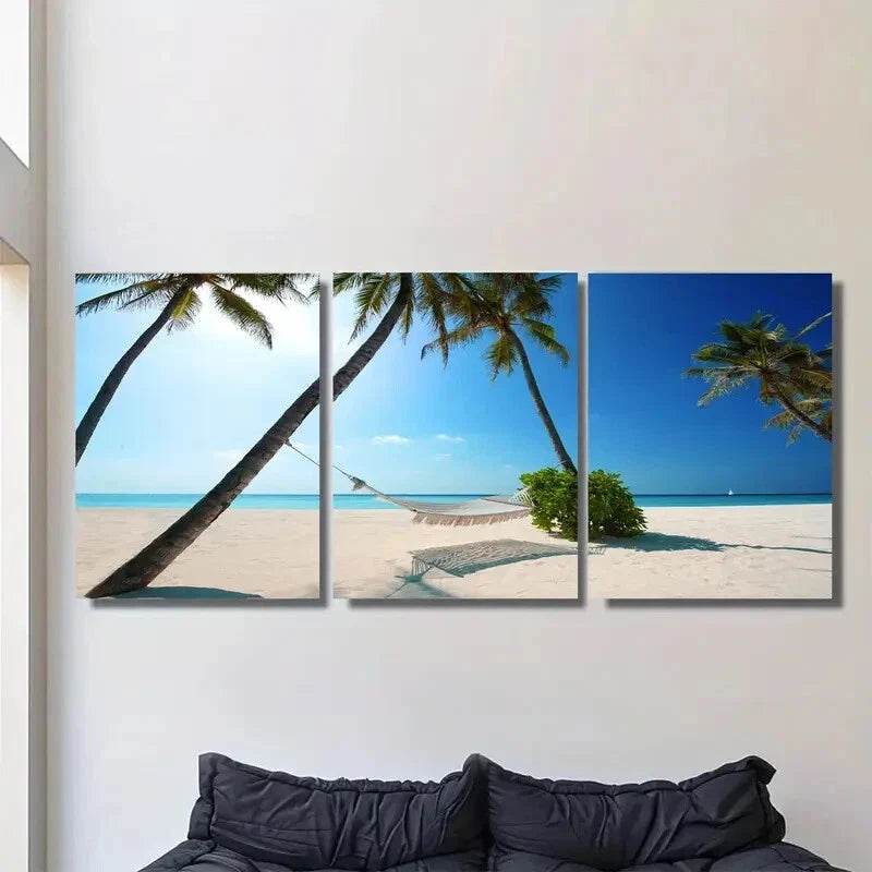3pcs Tropical Beach Scene Paradise with Hammock Metal Print Ready to Hang Art