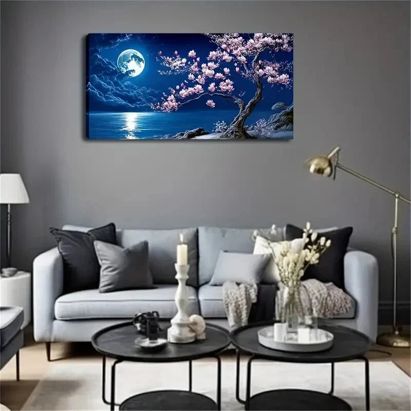 The Dark Blue Night Sky Moon Wall Art Canvas Office Home Room Framed 120x60cm