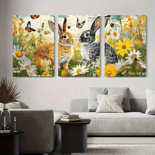 3pcs Whimsical Rabbit & Butterfly Metal Print Ready to Hang Art