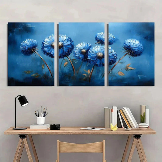 3pcs Vibrant Blue Dandelion Flowers & Green Leaves Metal Print Ready to Hang Art